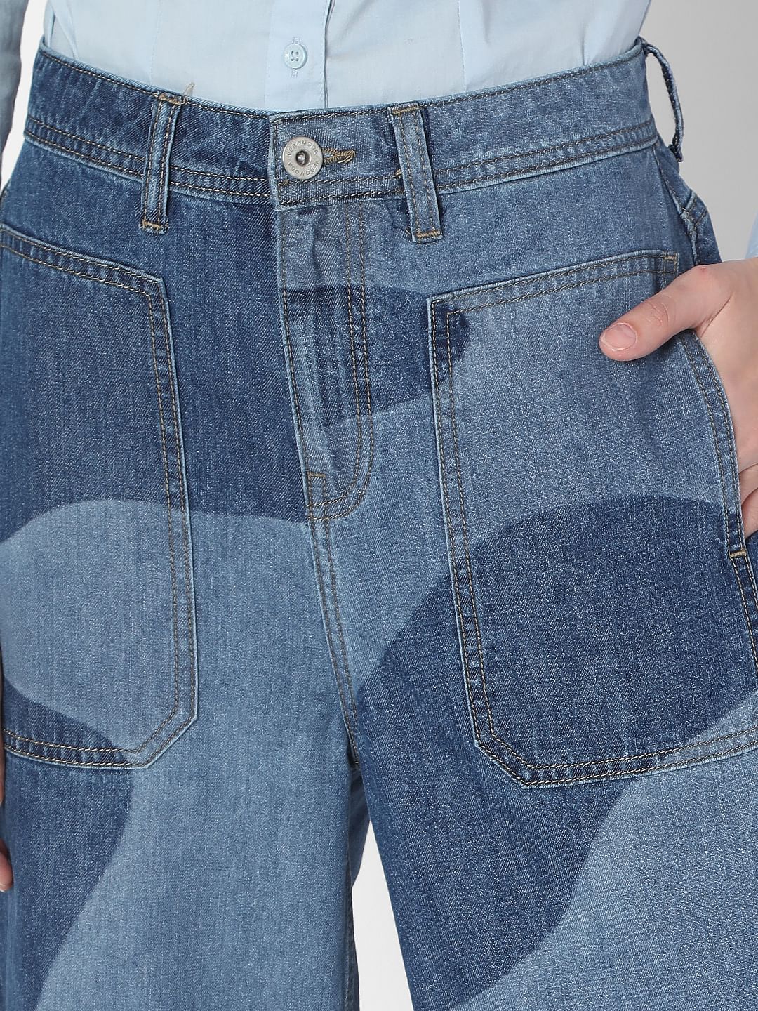 Blue High Rise Printed Wide Leg Jeans - Image 5
