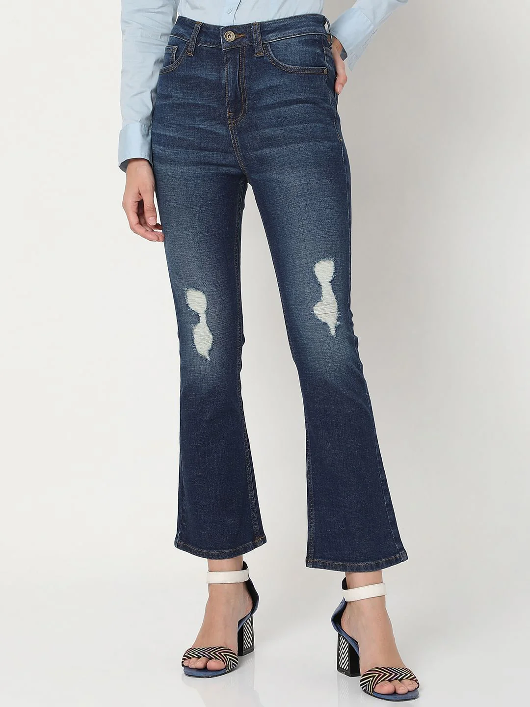 Blue Mid Rise Distressed Petra Bootcut Jeans - Image 2