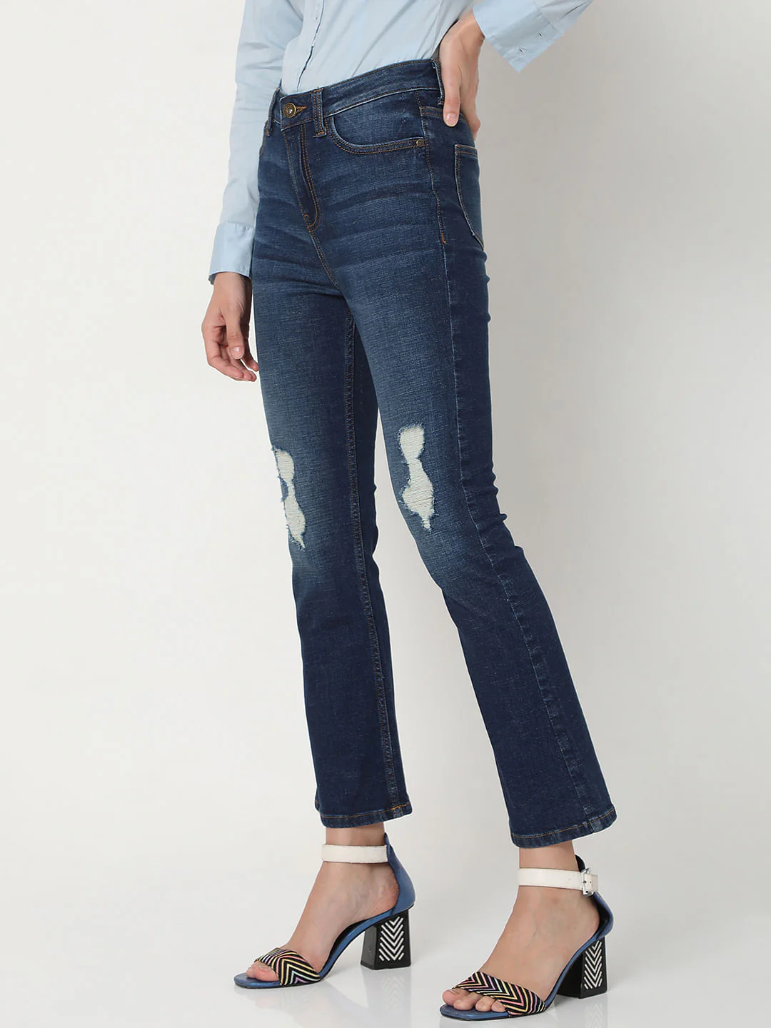 Blue Mid Rise Distressed Petra Bootcut Jeans - Image 3