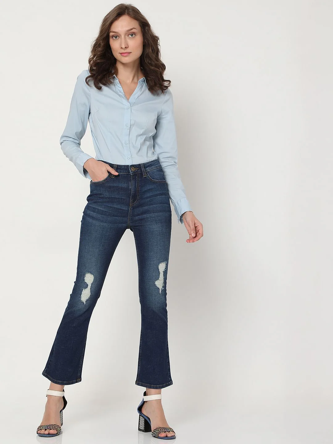 Blue Mid Rise Distressed Petra Bootcut Jeans - Image 6