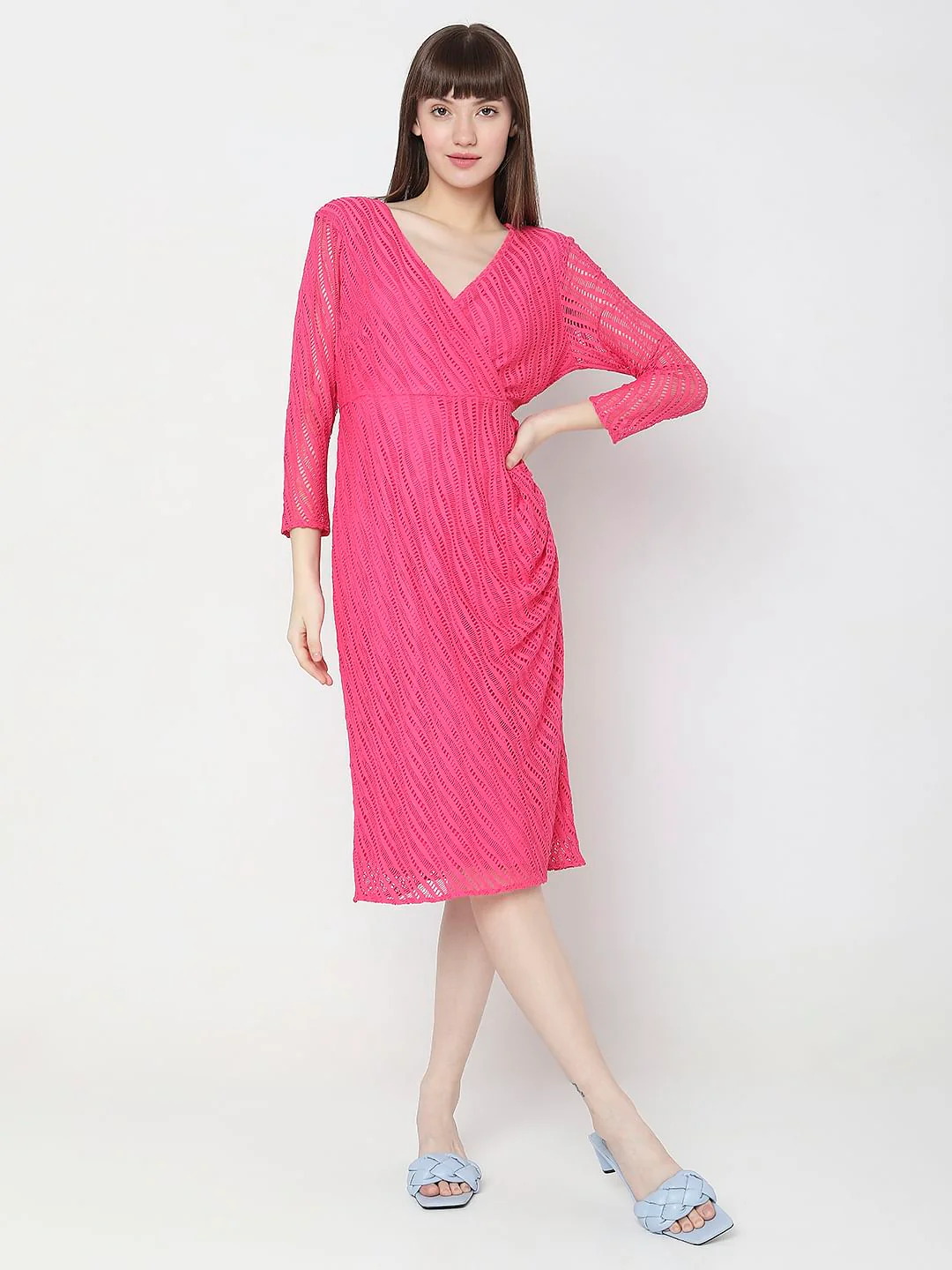 Pink Lace Wrap Midi Dress - Image 2