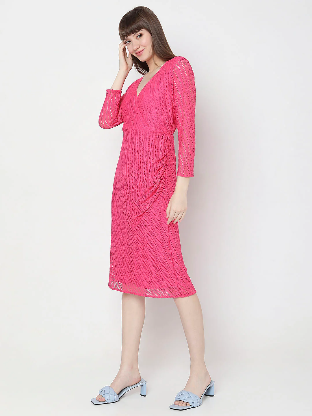 Pink Lace Wrap Midi Dress - Image 3