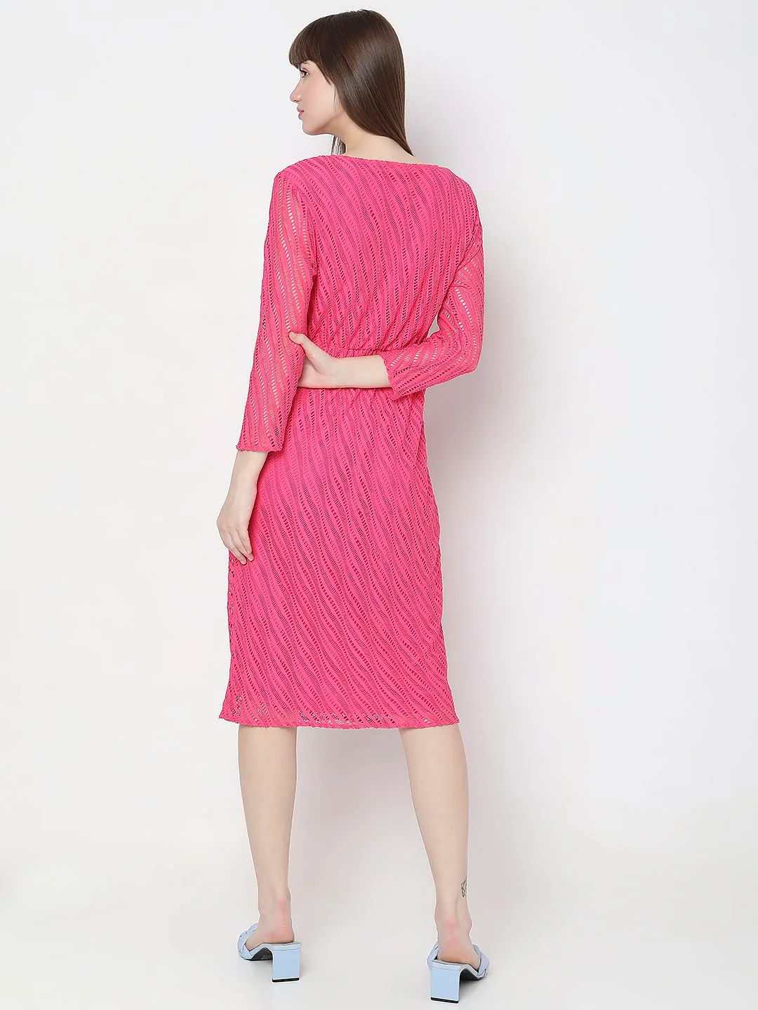 Pink Lace Wrap Midi Dress - Image 4