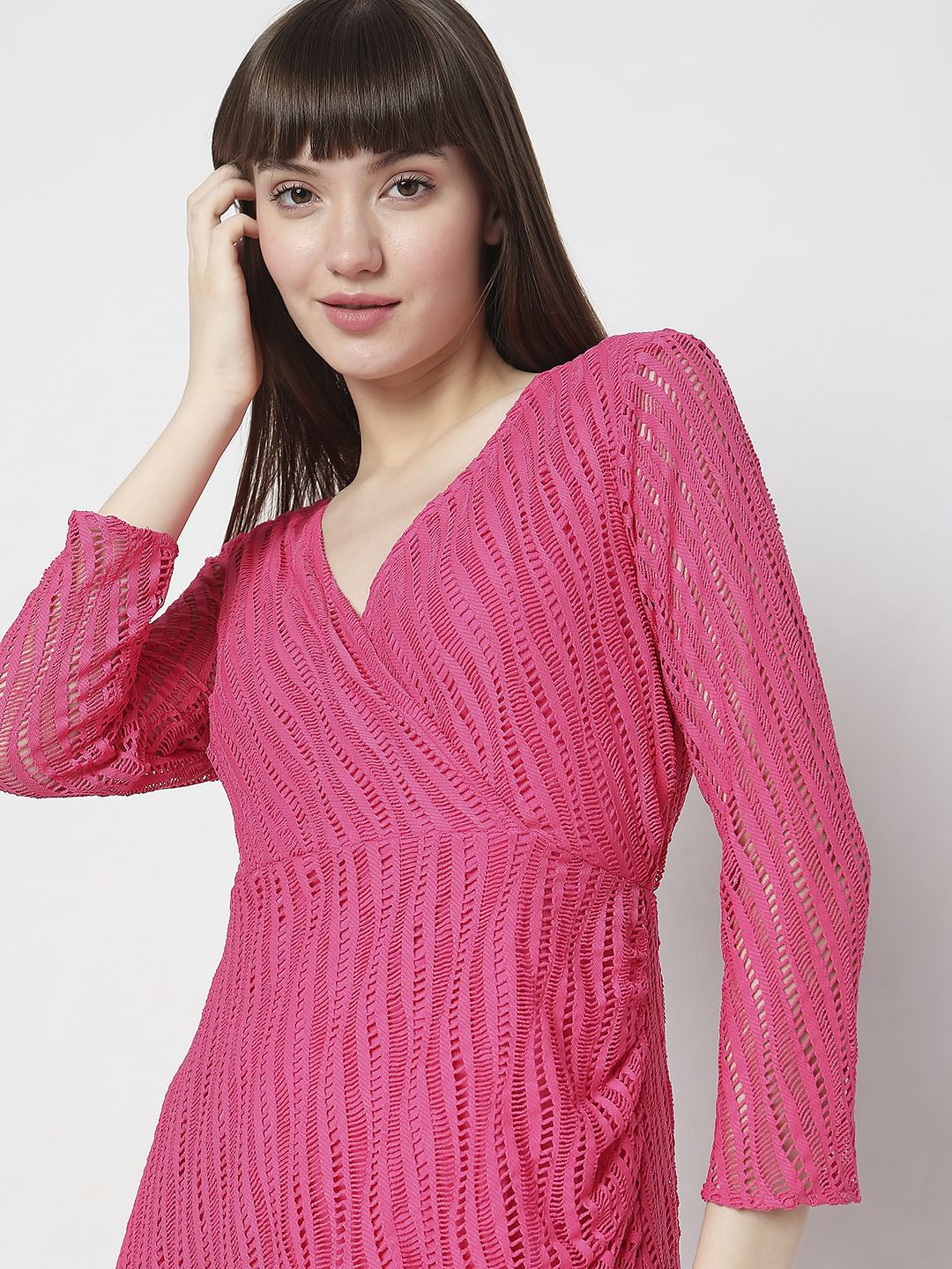Pink Lace Wrap Midi Dress - Image 5