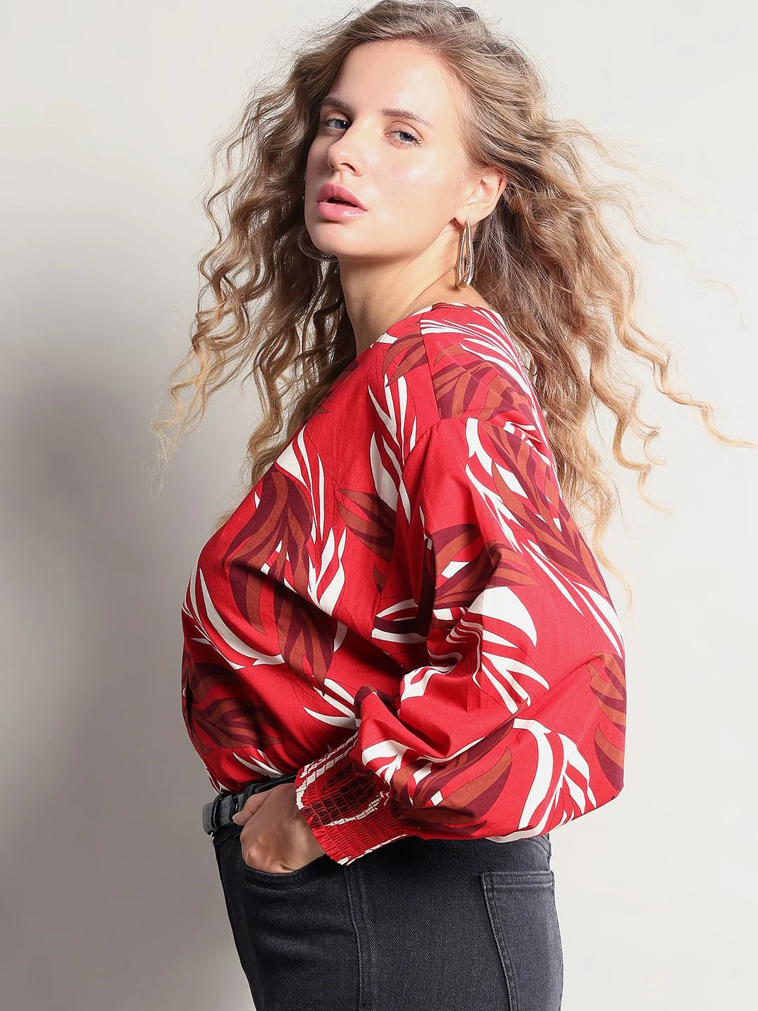 Curve Red Leafy Printed Top