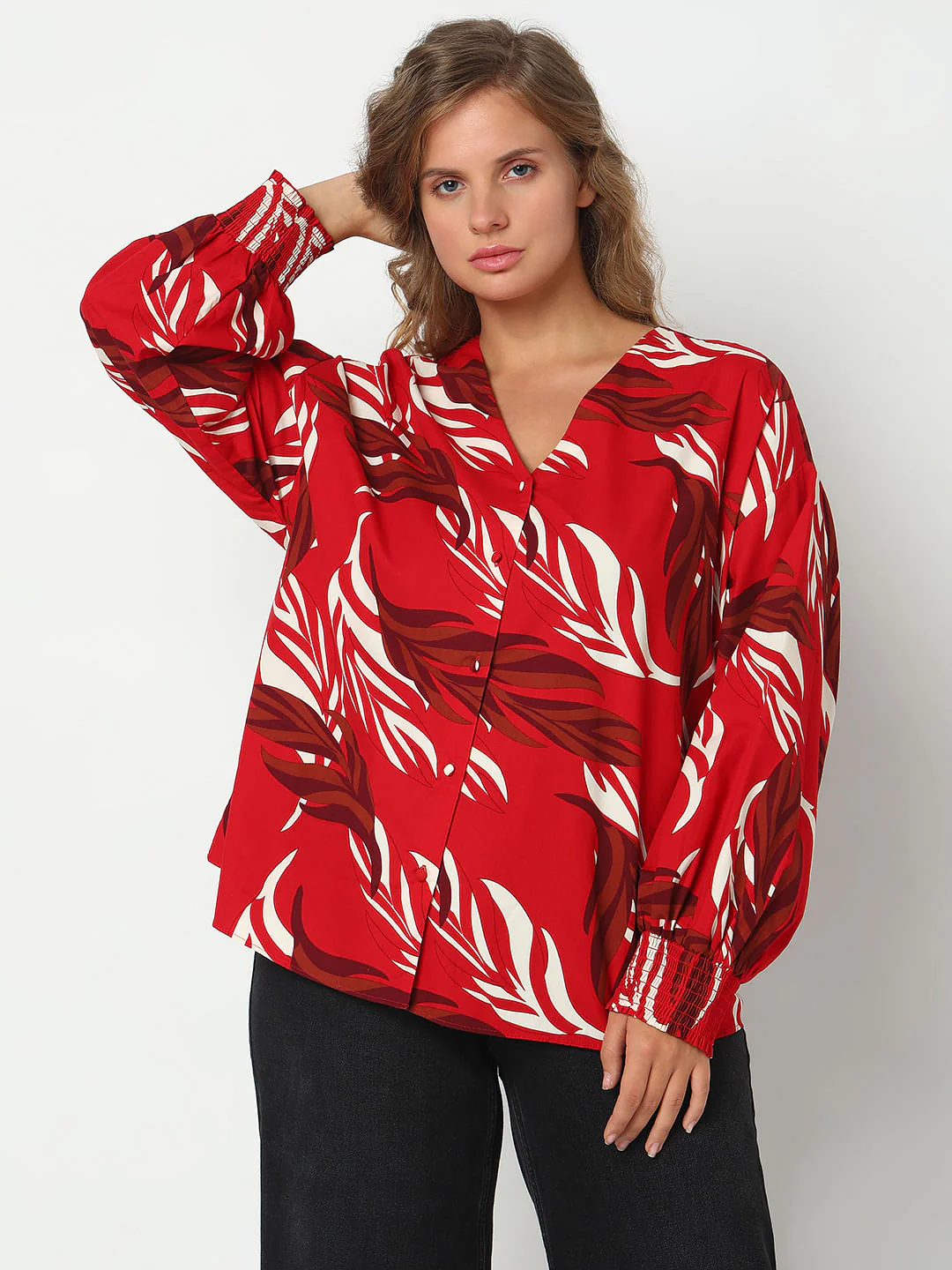 Curve Red Leafy Printed Top - Image 2