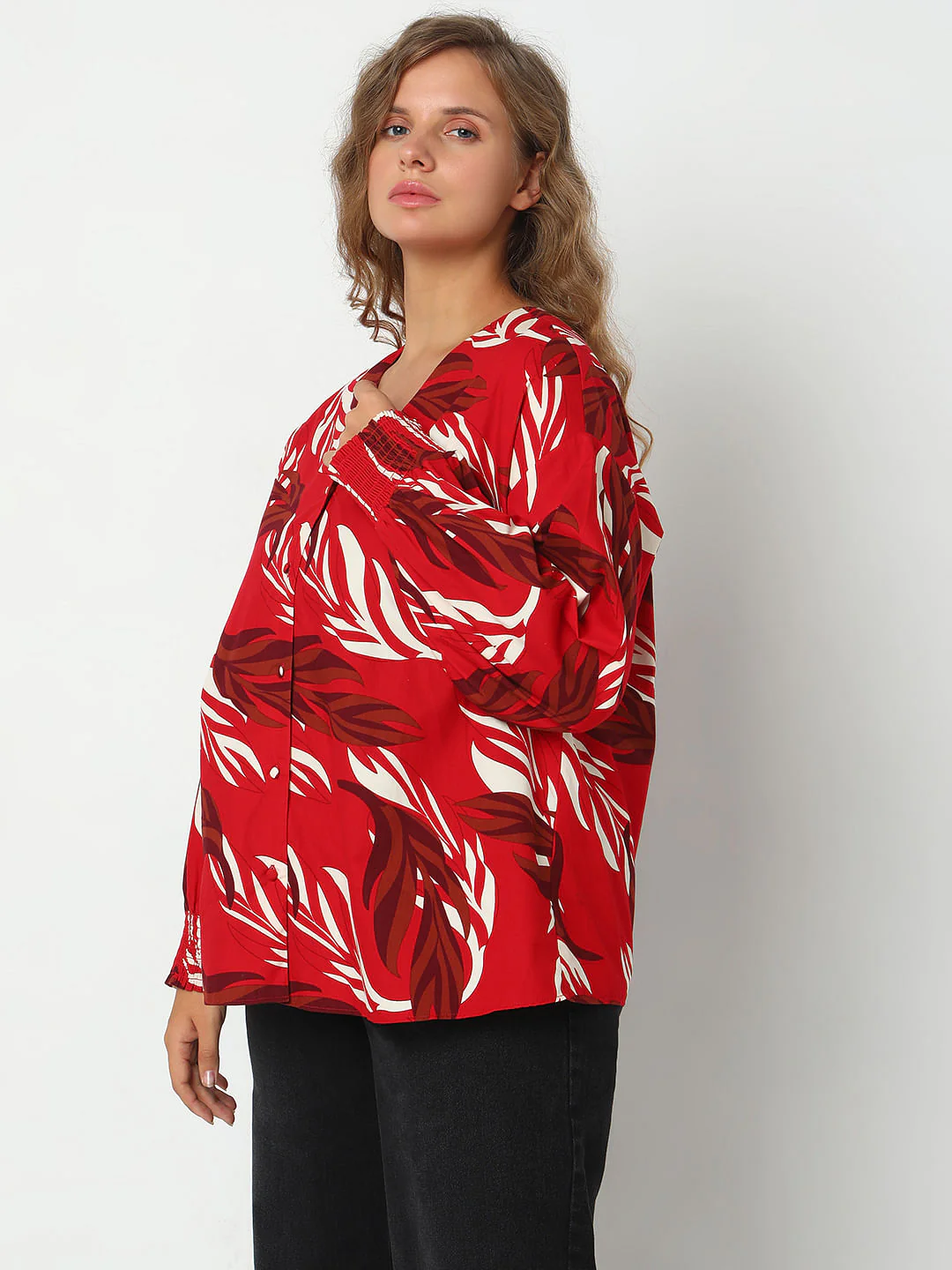 Curve Red Leafy Printed Top - Image 3
