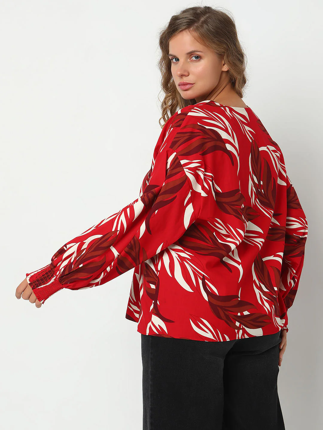 Curve Red Leafy Printed Top - Image 4