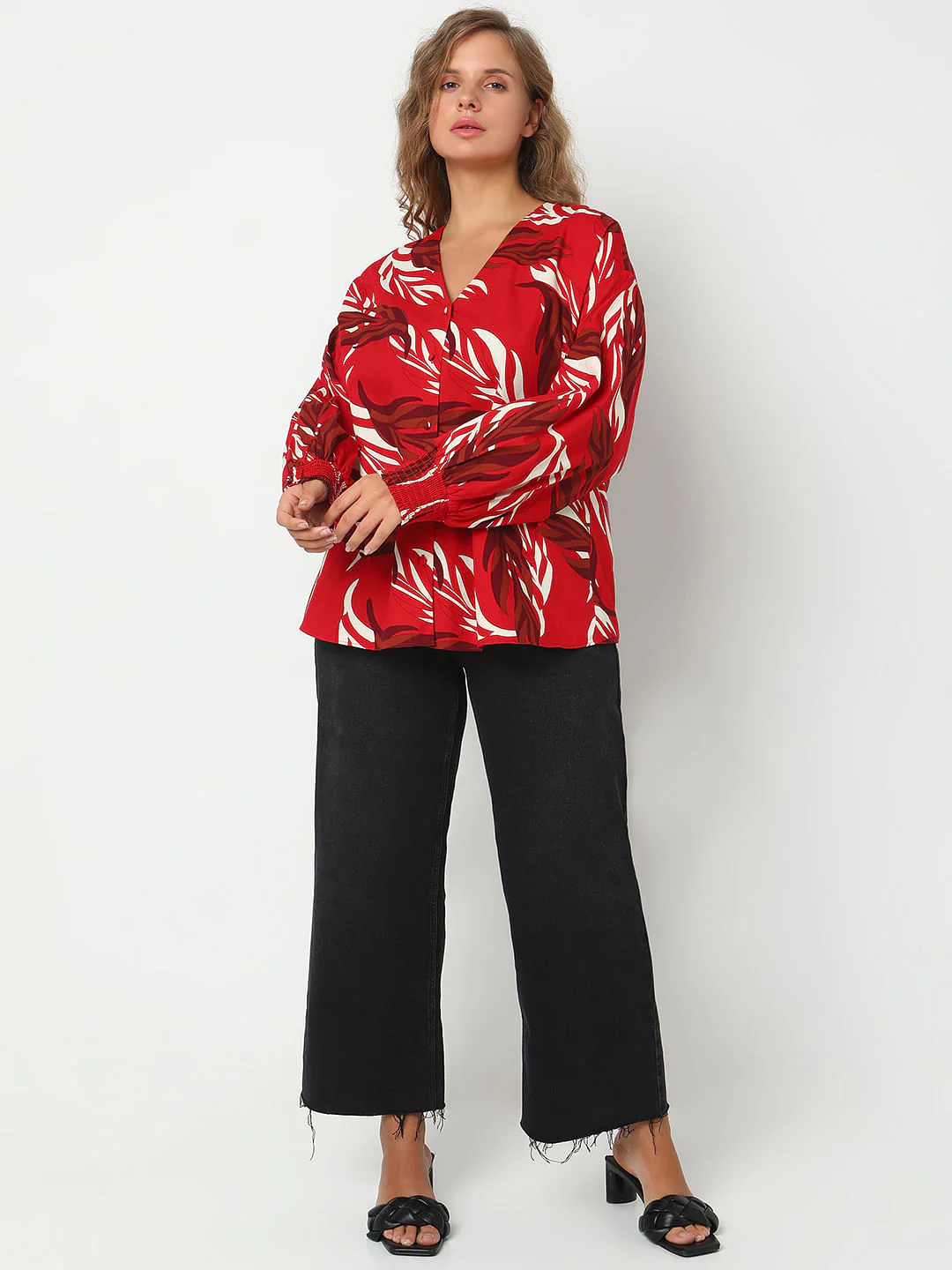 Curve Red Leafy Printed Top - Image 5