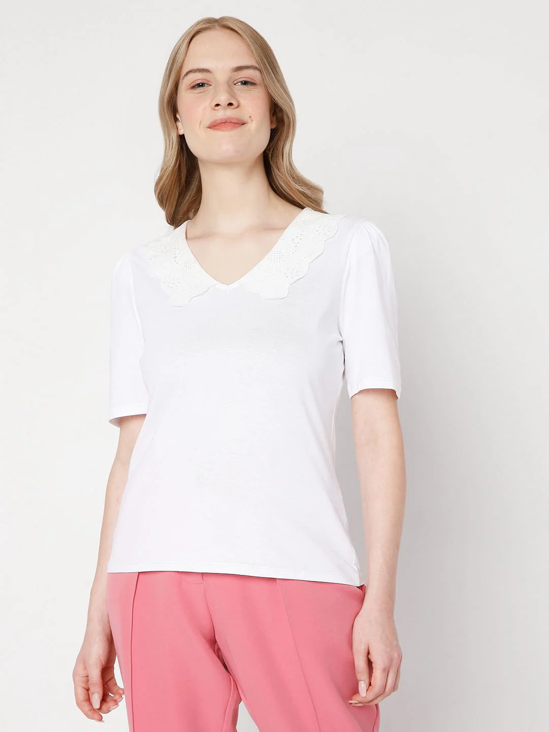 White Lace Detail Collar Top - Image 2