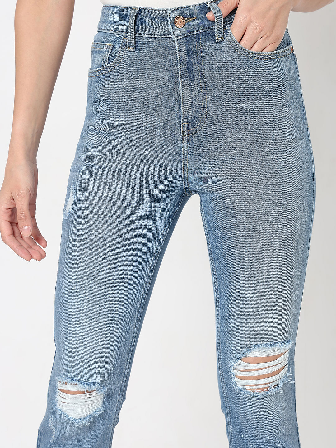 Light Blue Distressed Petra Bootcut Jeans - Image 6