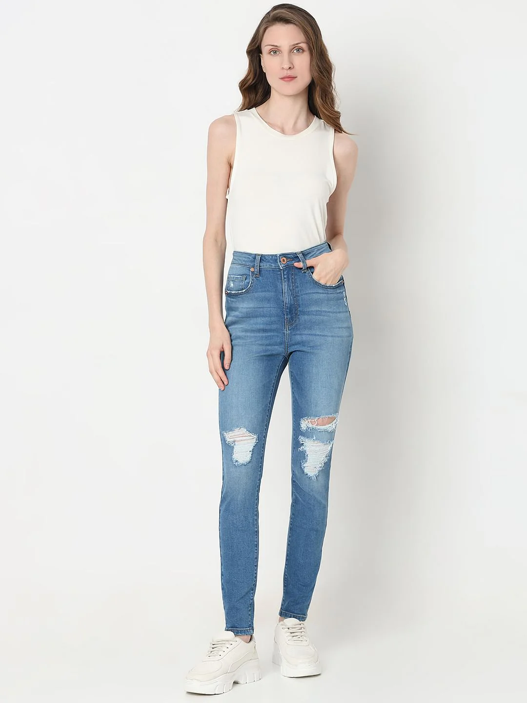 Light Blue High Rise Distressed Wendy Skinny Jeans - Image 5