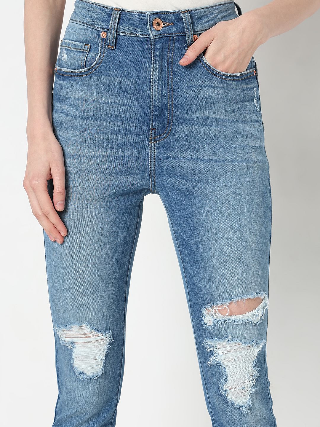 Light Blue High Rise Distressed Wendy Skinny Jeans - Image 6