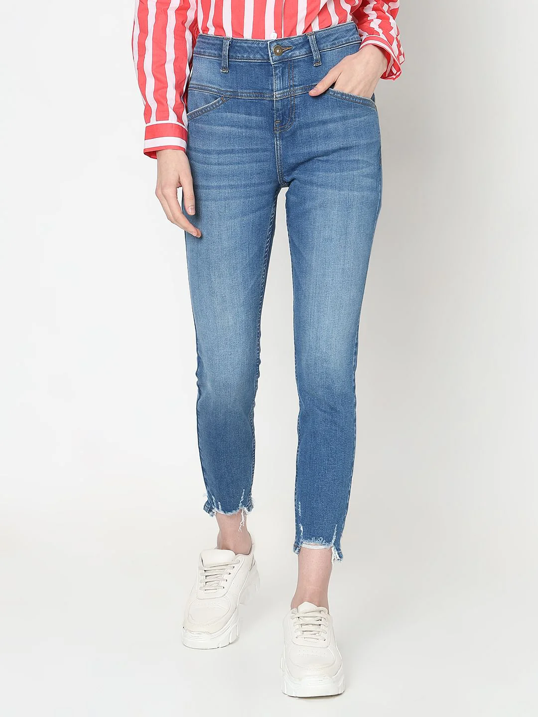 Blue High Rise Frayed Hem Wendy Skinny Jeans - Image 2