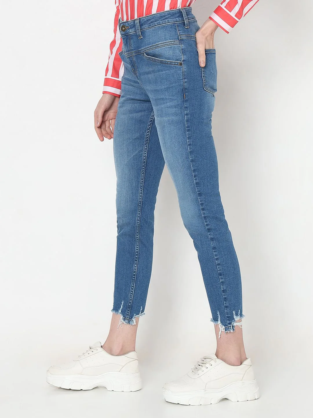 Blue High Rise Frayed Hem Wendy Skinny Jeans - Image 3
