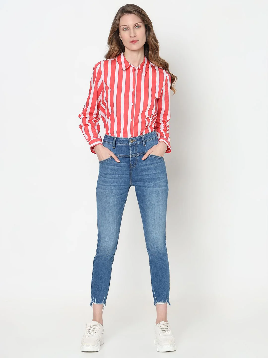 Blue High Rise Frayed Hem Wendy Skinny Jeans - Image 5