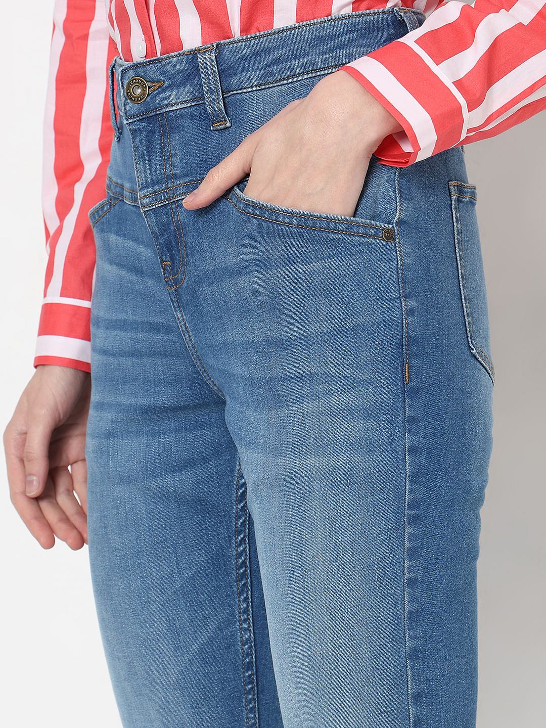Blue High Rise Frayed Hem Wendy Skinny Jeans - Image 6