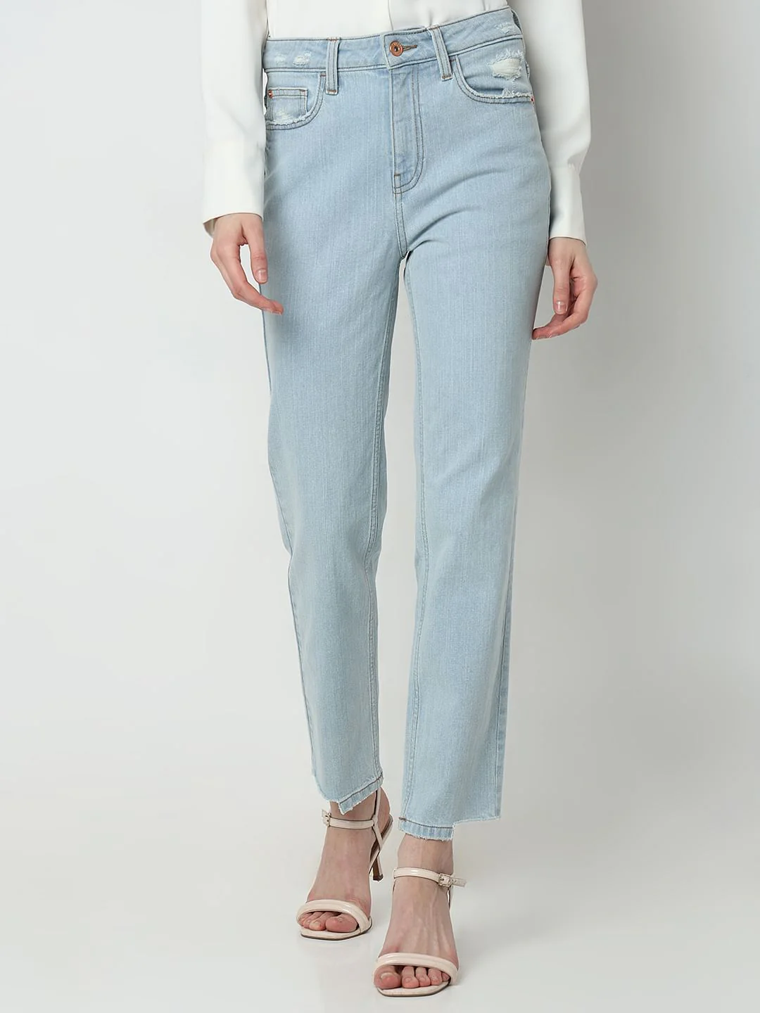 Light Blue High Rise Distressed Jade Straight Jeans - Image 2