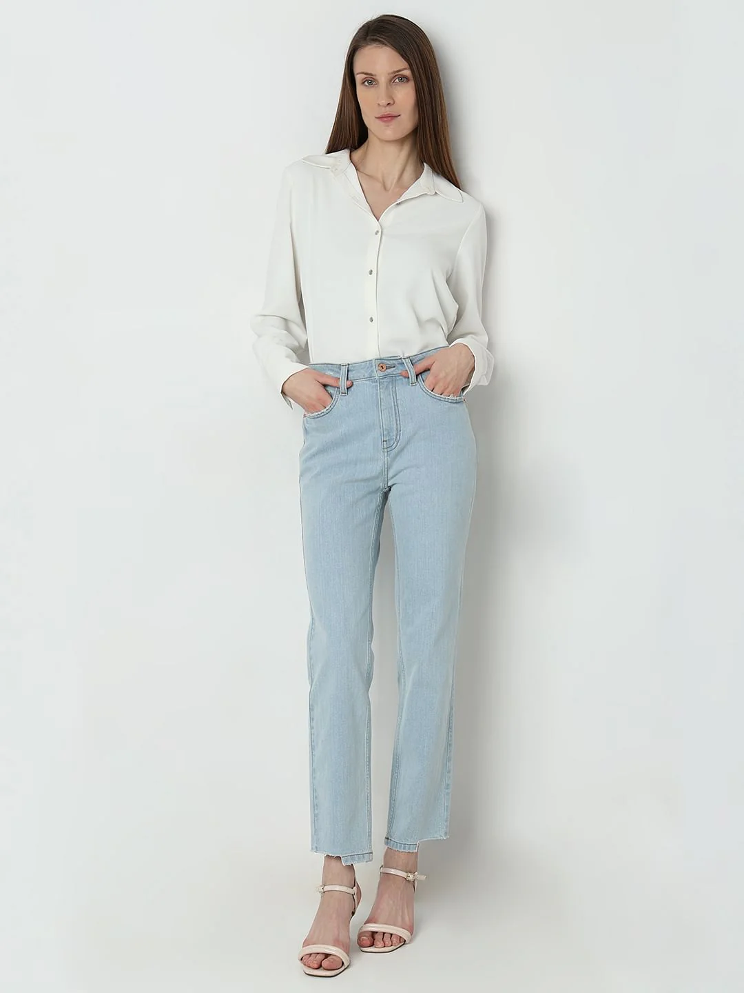 Light Blue High Rise Distressed Jade Straight Jeans - Image 5
