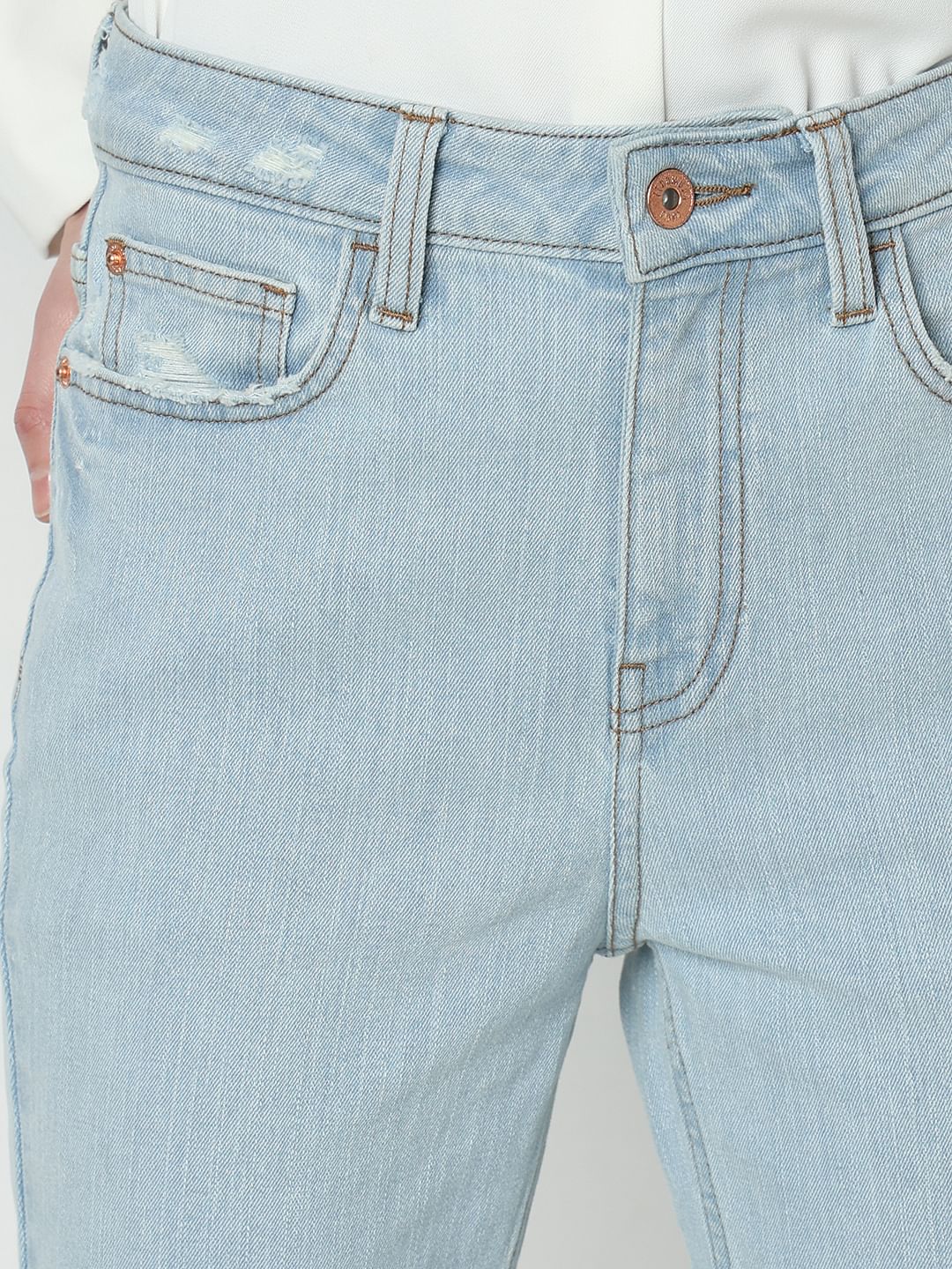 Light Blue High Rise Distressed Jade Straight Jeans - Image 6
