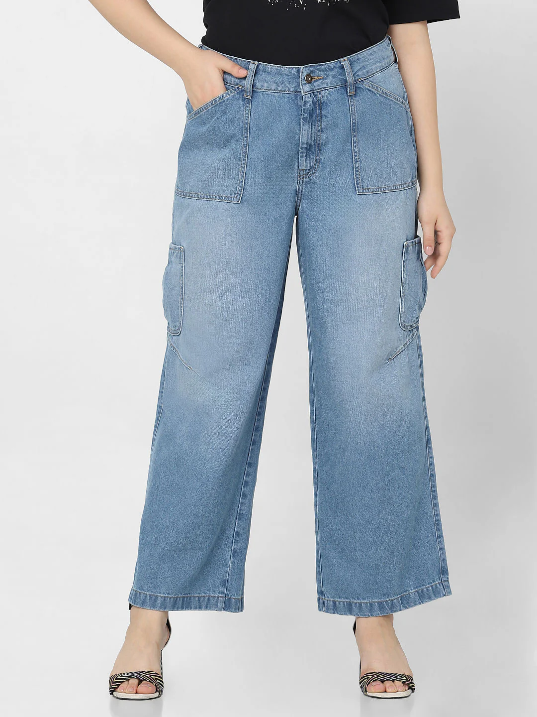 Curve Blue High Rise Cargo Wide Leg Jeans - Image 2