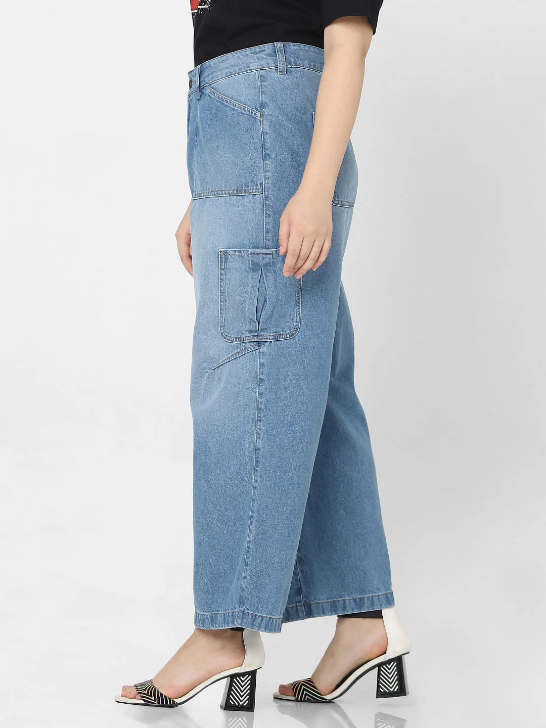 Curve Blue High Rise Cargo Wide Leg Jeans - Image 3