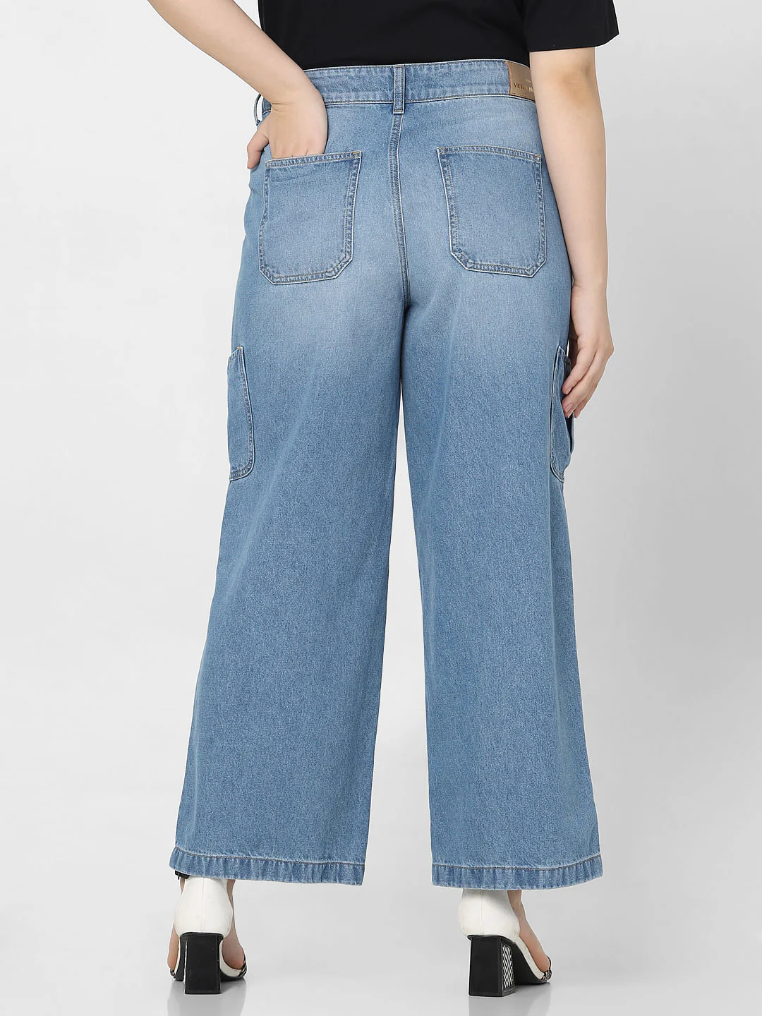 Curve Blue High Rise Cargo Wide Leg Jeans - Image 4