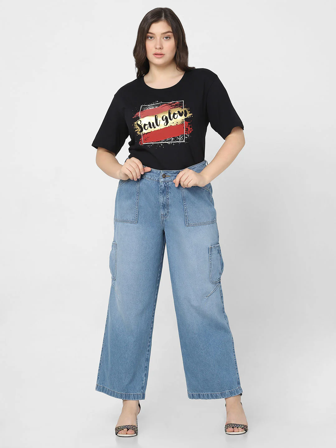 Curve Blue High Rise Cargo Wide Leg Jeans - Image 5