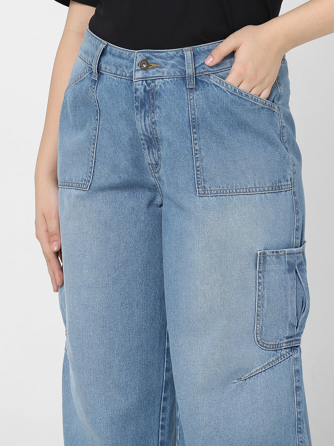 Curve Blue High Rise Cargo Wide Leg Jeans - Image 6