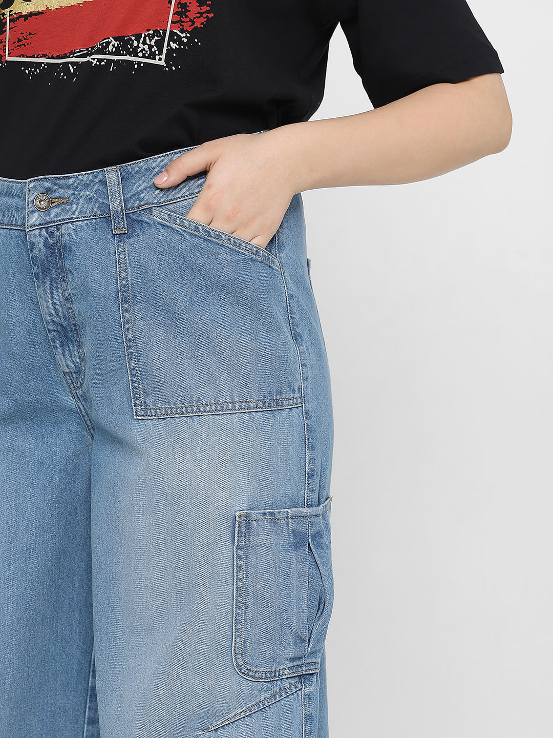 Curve Blue High Rise Cargo Wide Leg Jeans - Image 8