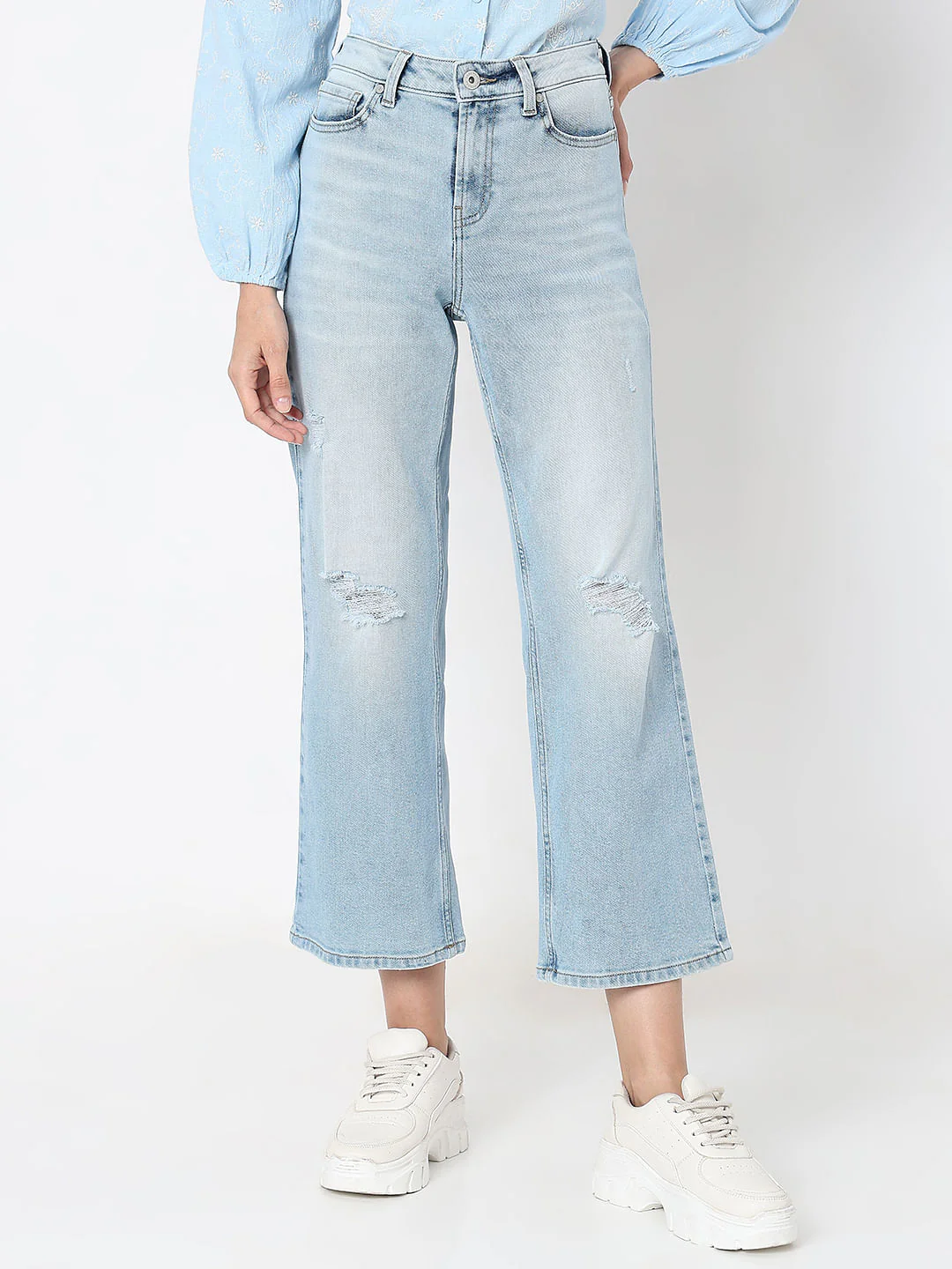 Light Blue High Rise Distressed Zoey Wide-Leg Jeans - Image 2