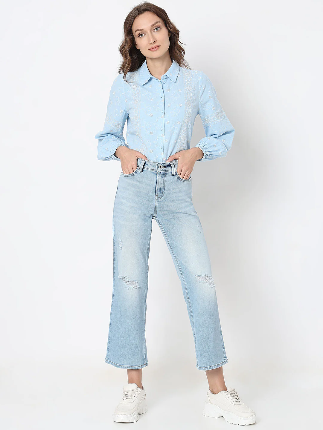 Light Blue High Rise Distressed Zoey Wide-Leg Jeans - Image 5
