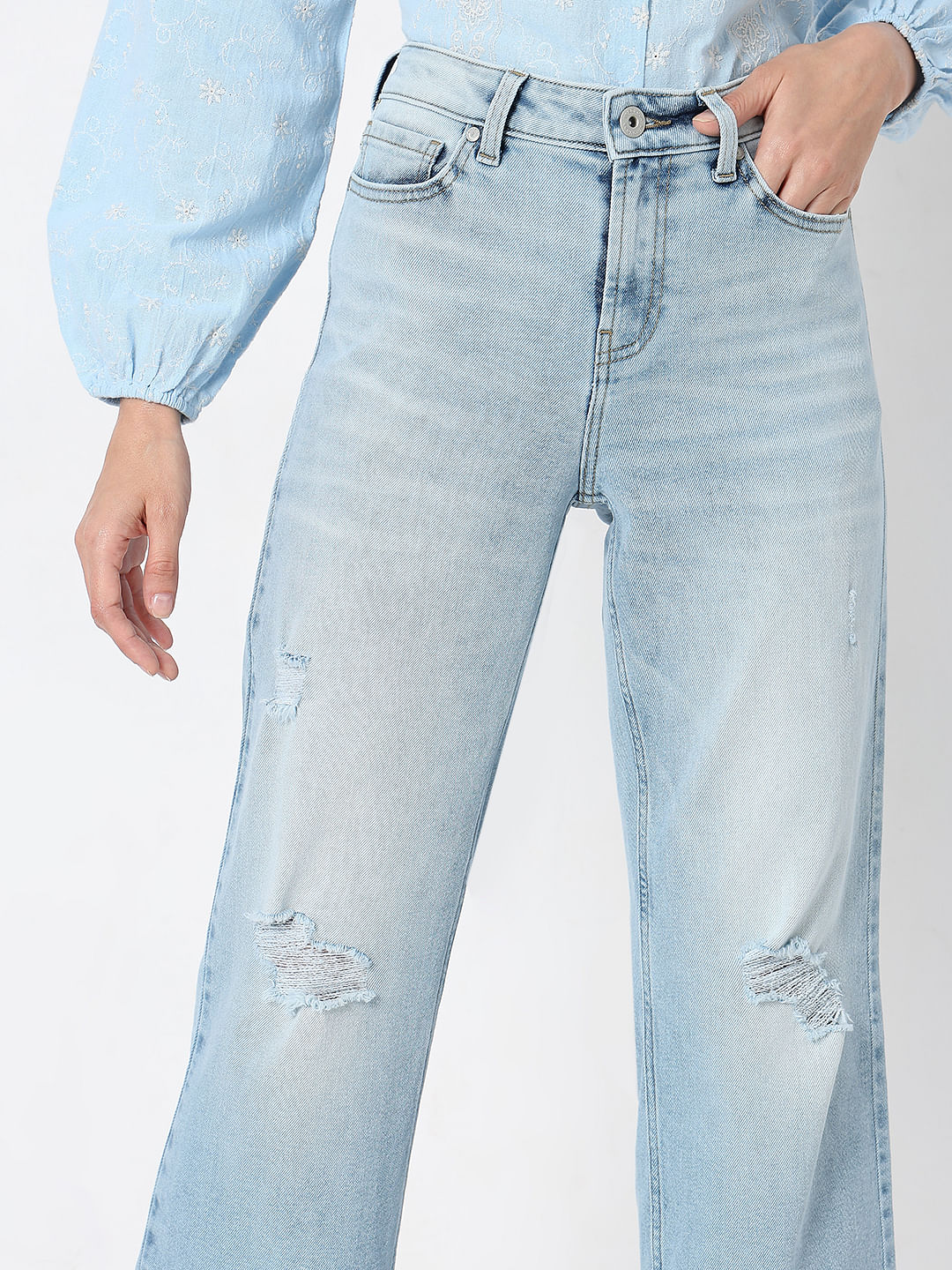 Light Blue High Rise Distressed Zoey Wide-Leg Jeans - Image 6