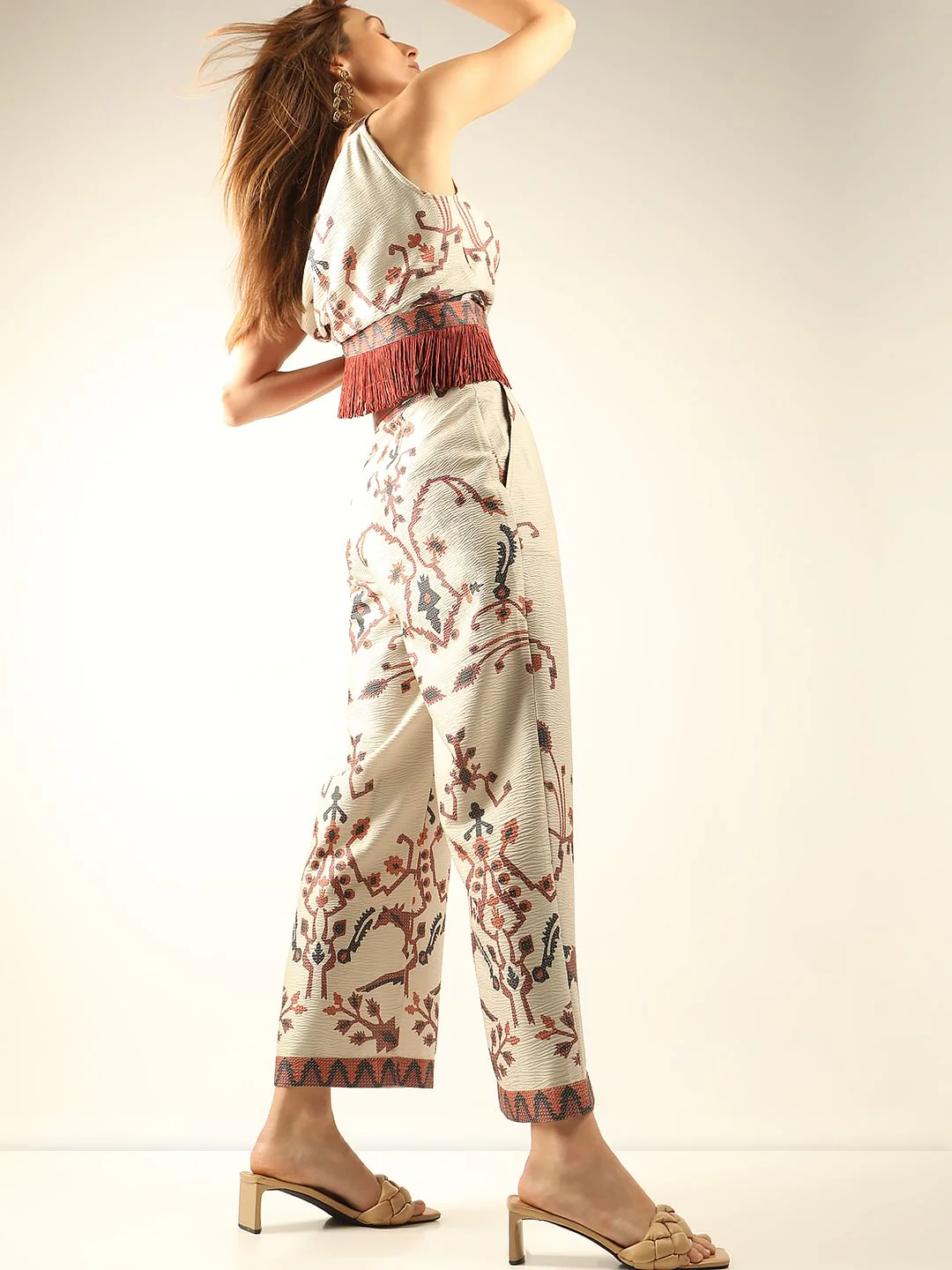 Beige High Rise Printed Co-Ord Set Pants