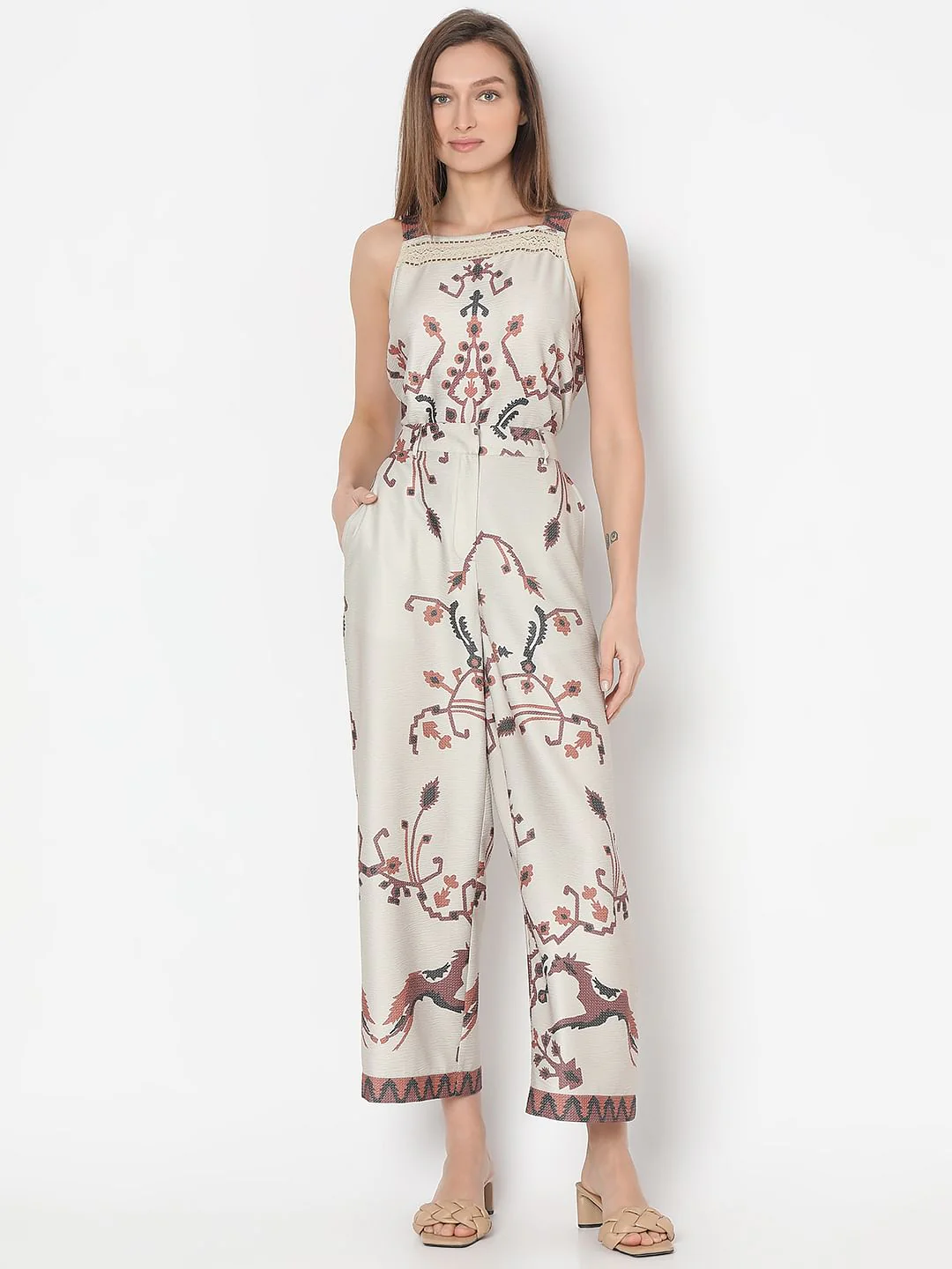 Beige High Rise Printed Co-Ord Set Pants - Image 5