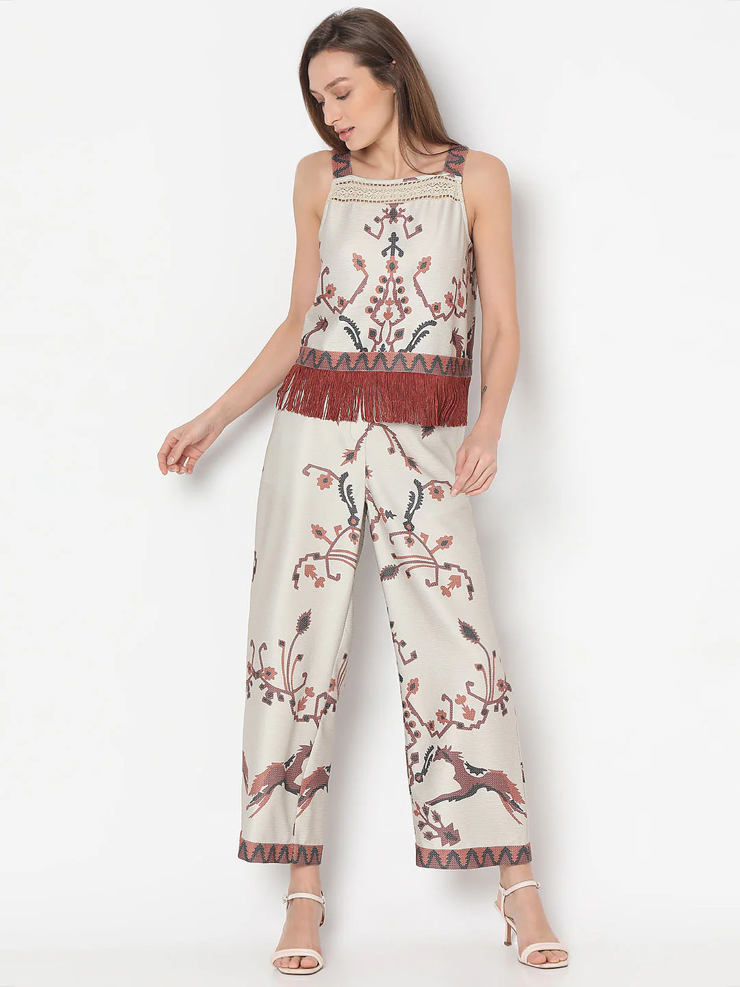 Beige Printed Co-Ord Set Top - Image 5
