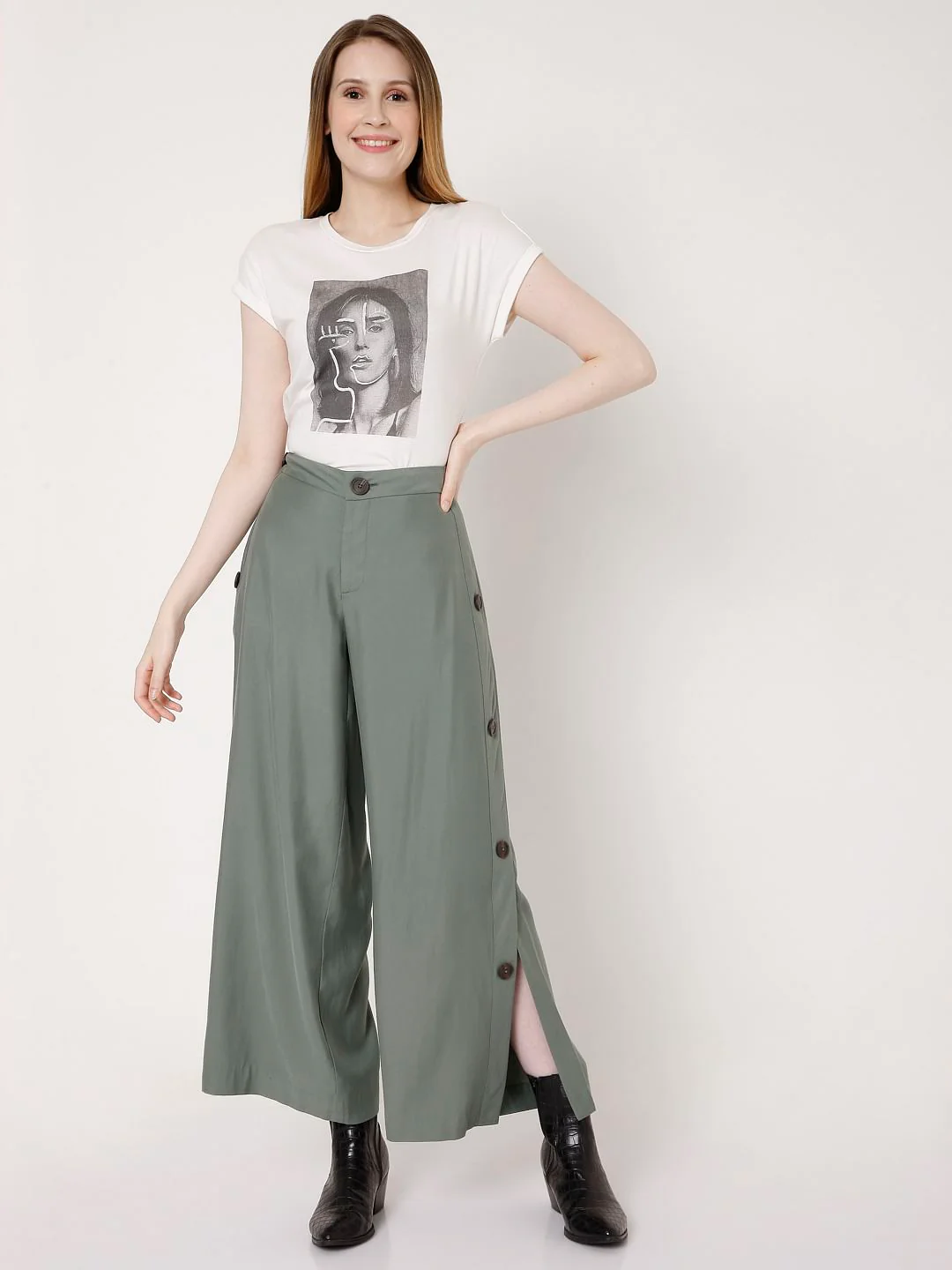 Olive Green Flared Slit Pants - Image 6