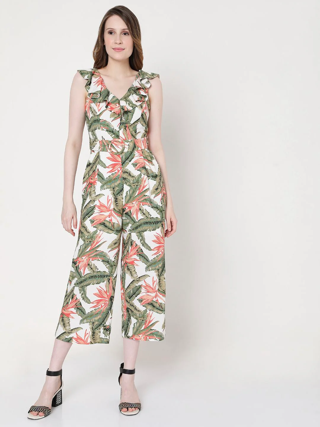 White & Green Tropical Print Jumpsuit - Image 2