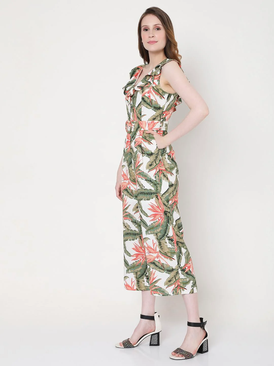 White & Green Tropical Print Jumpsuit - Image 3