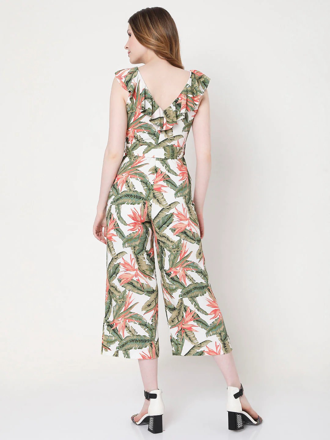 White & Green Tropical Print Jumpsuit - Image 4