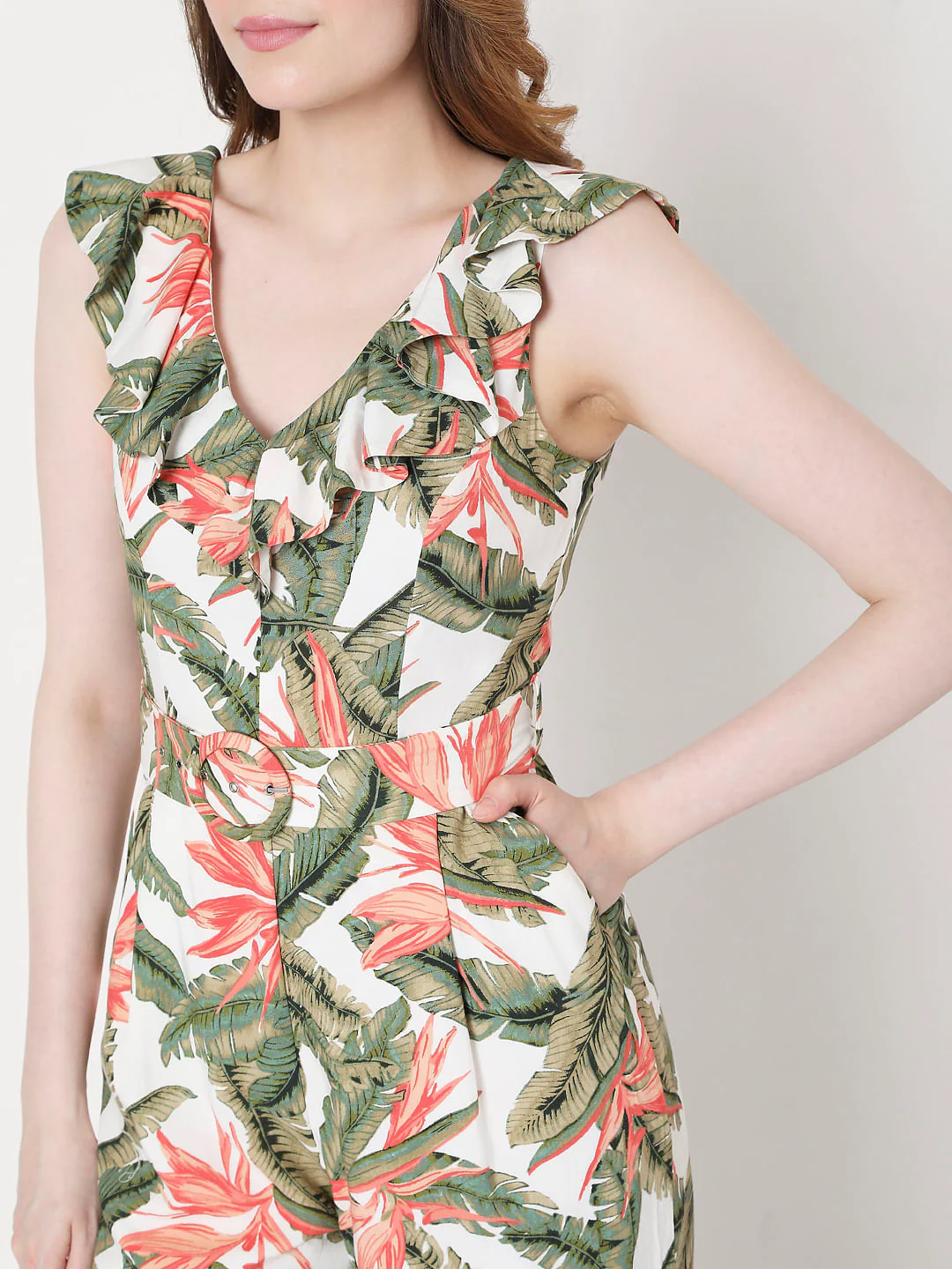 White & Green Tropical Print Jumpsuit - Image 5
