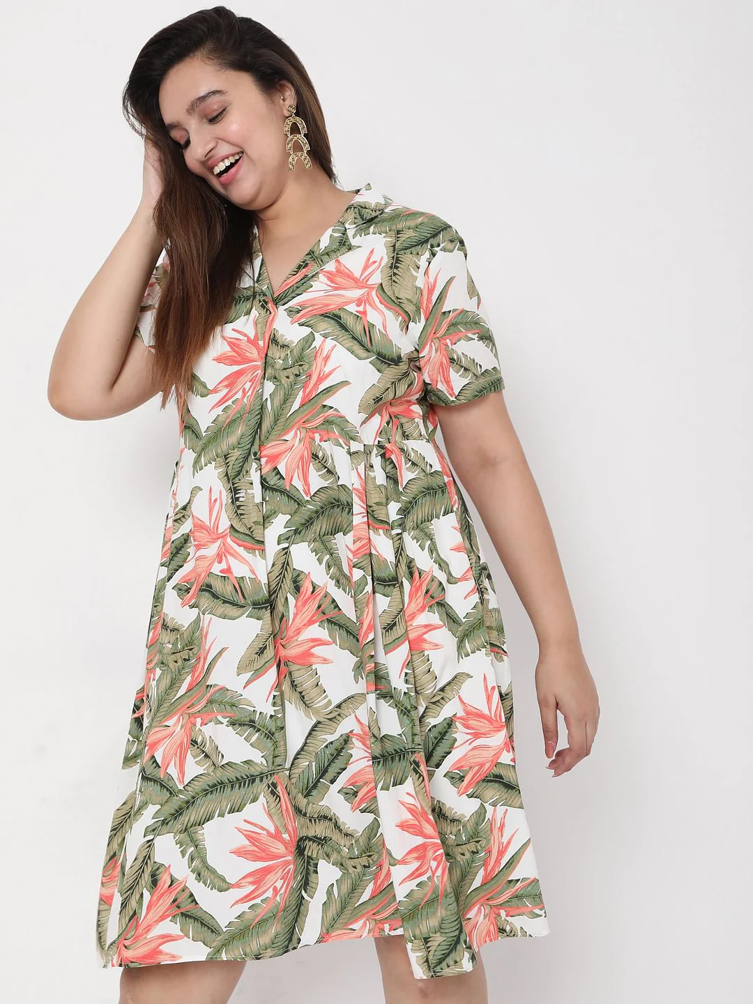 Curve White Collared Tropical Print Dress