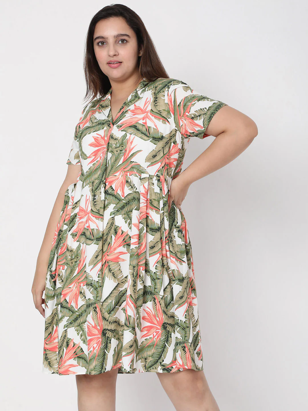 Curve White Collared Tropical Print Dress - Image 2