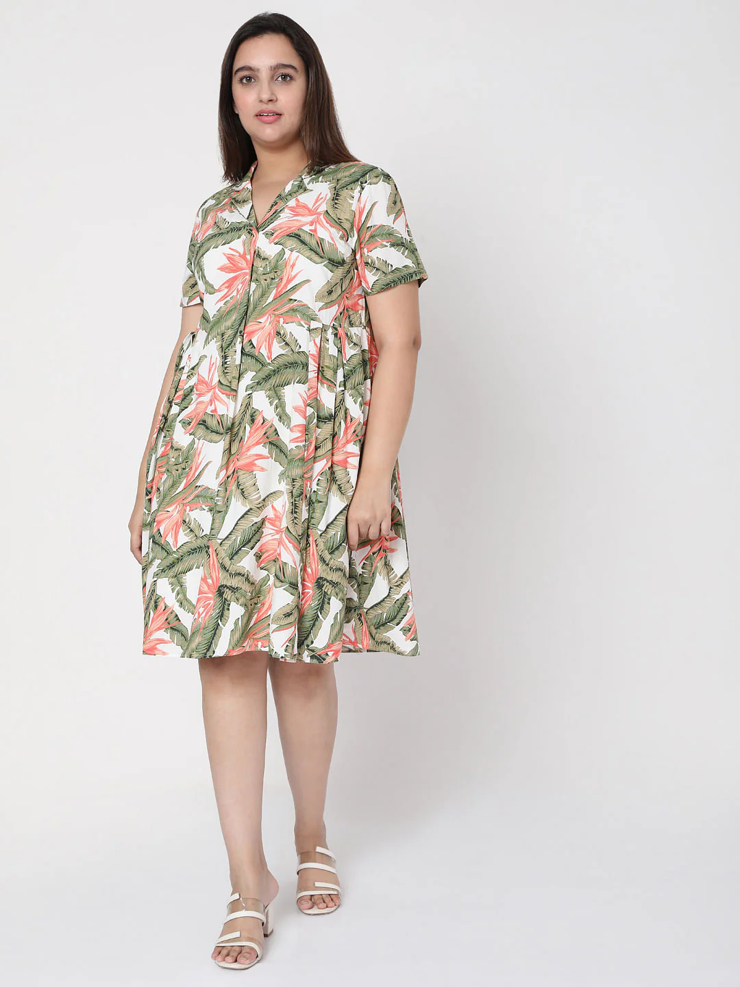 Curve White Collared Tropical Print Dress - Image 5