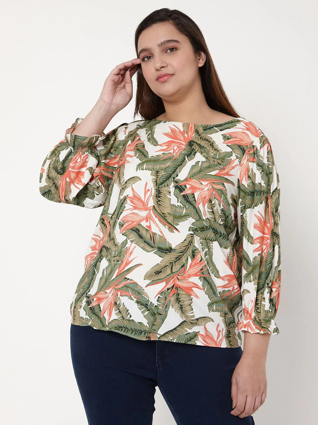 Curve White Tropical Print Top - Image 2