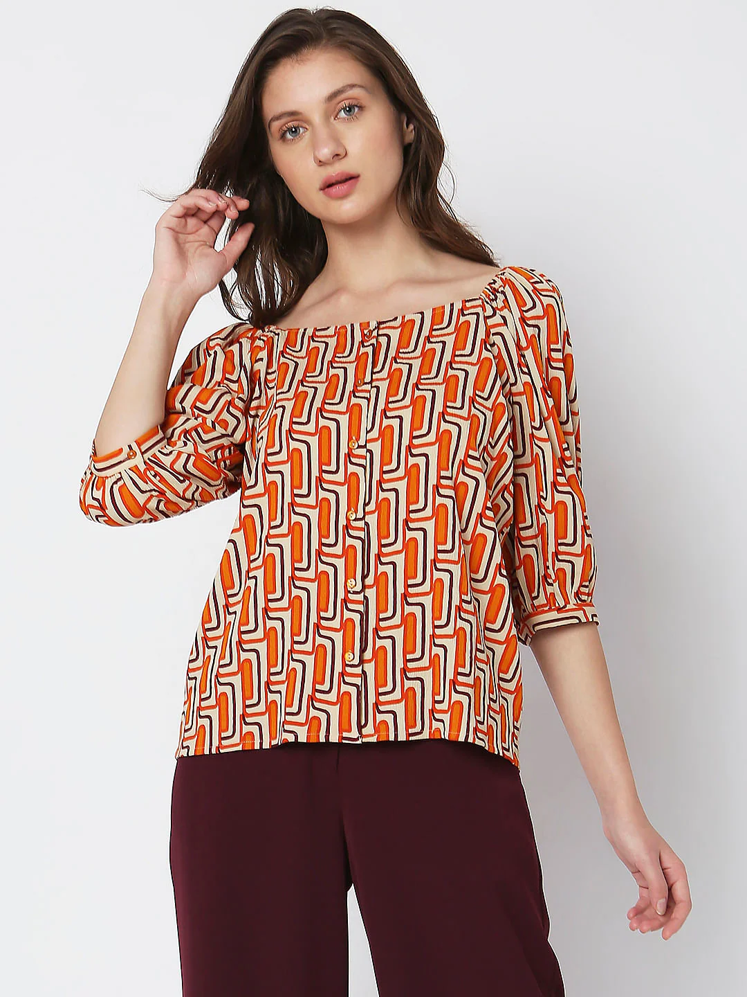Orange Printed Buttoned Top - Image 2