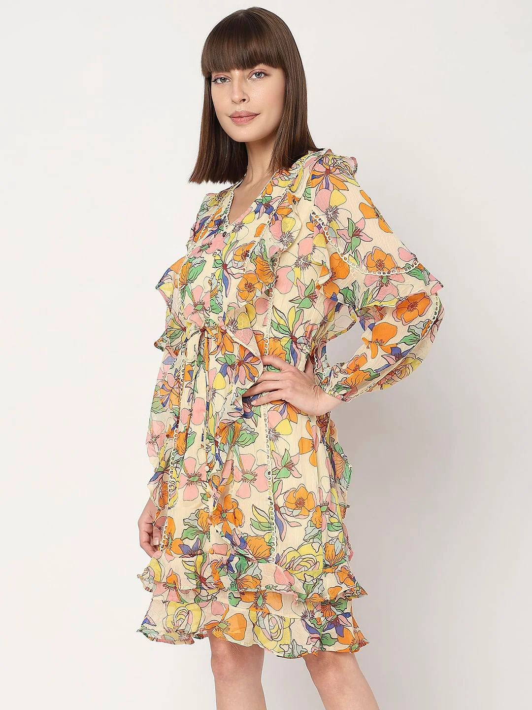 Yellow Floral Ruffle Dress - Image 3