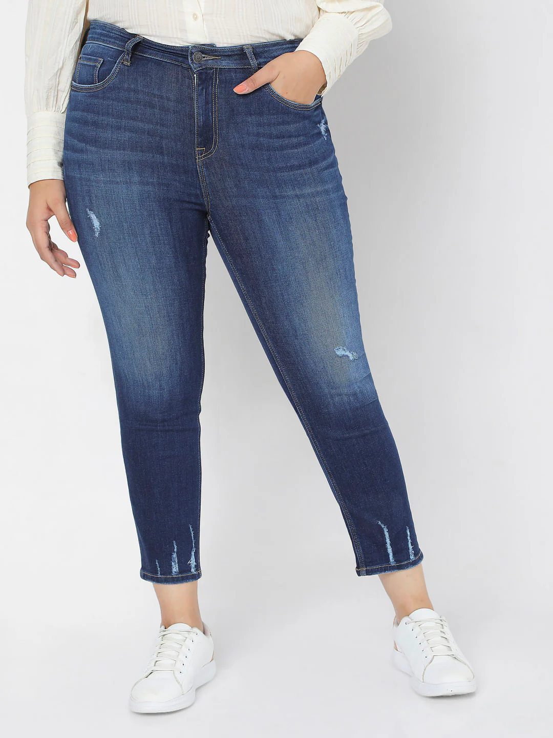 Curve Blue High Rise Ripped Skinny Jeans - Image 2