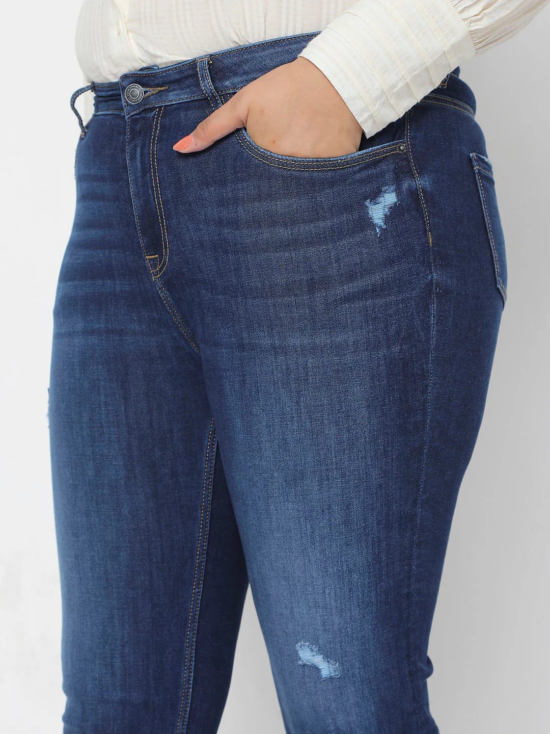 Curve Blue High Rise Ripped Skinny Jeans - Image 5