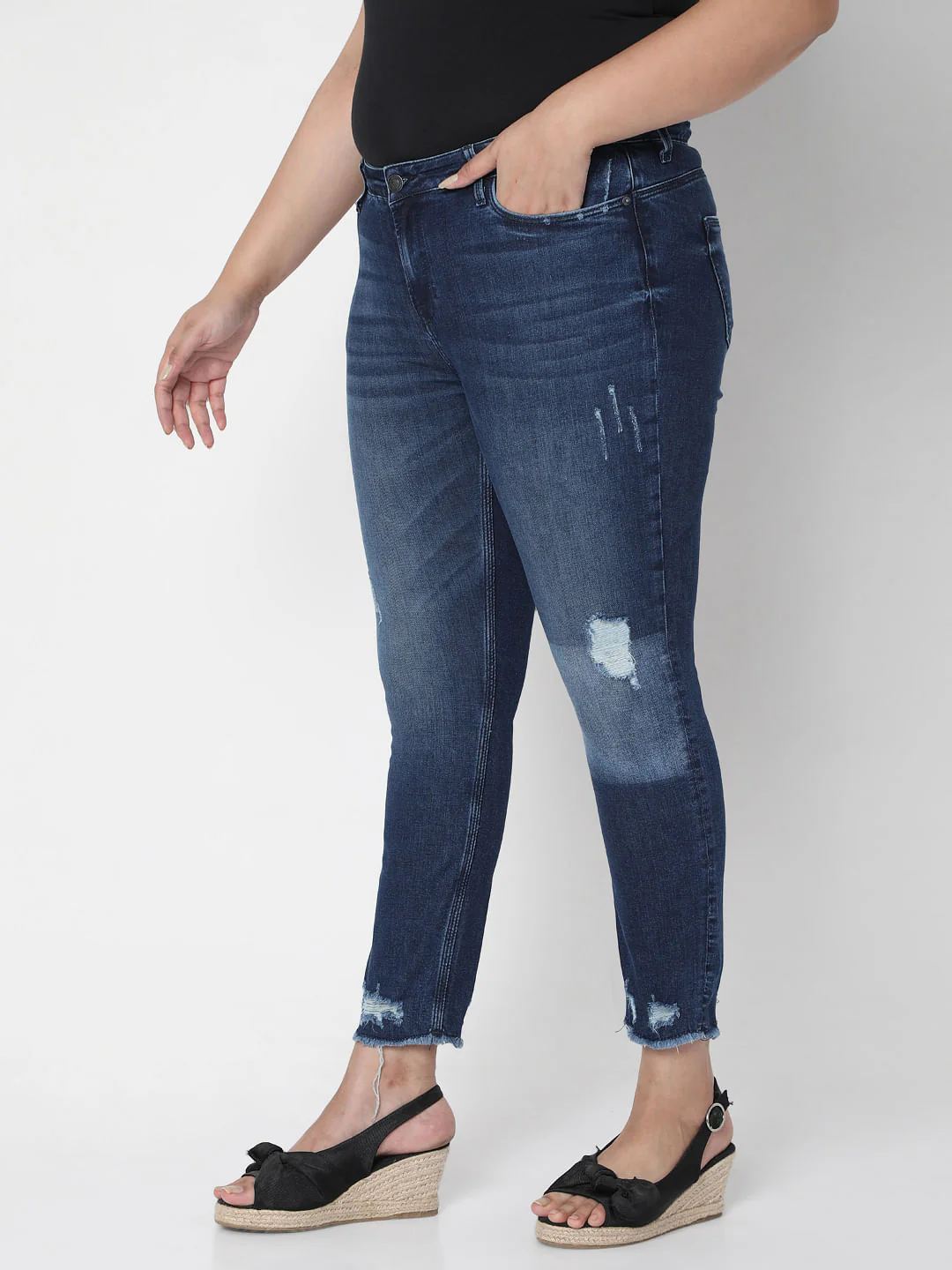Curve Blue Mid Rise Distressed Jeans - Image 3